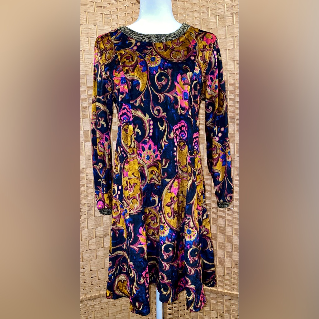 Carole Little Vtg 70s Multicolor Jewel Tone Paisley Velvet Midi Dress